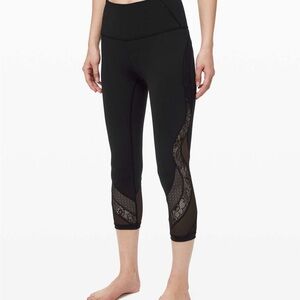 Lululemon Wunder Under Black Cropped Leggings with Lace & Sheer Side Panels